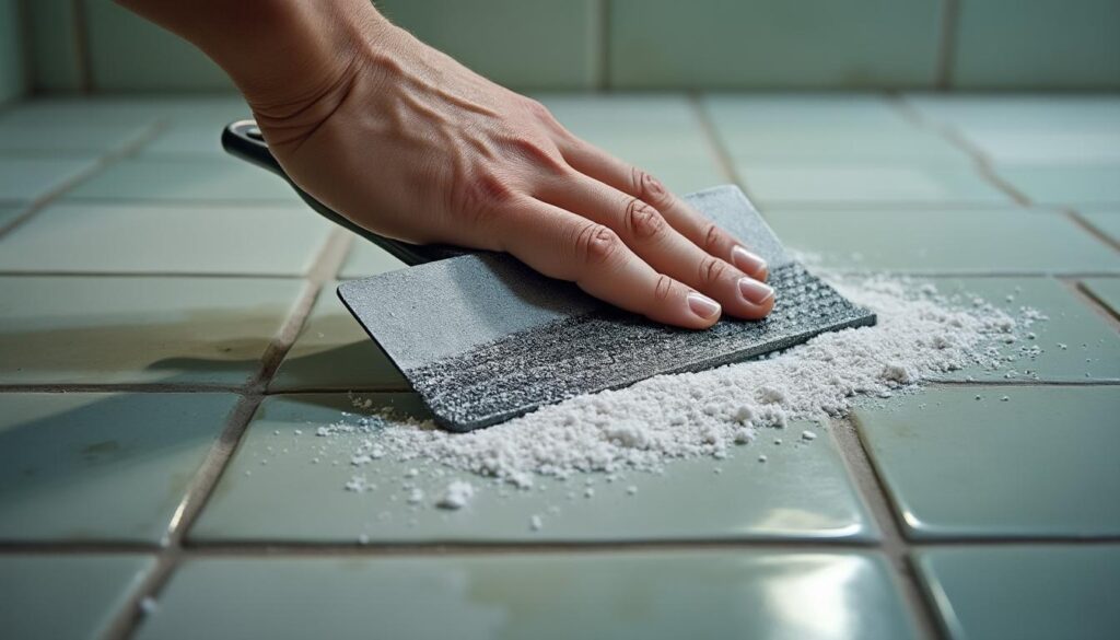 Méthode efficace pour nettoyer les joints de la salle de bain avec un grattoir